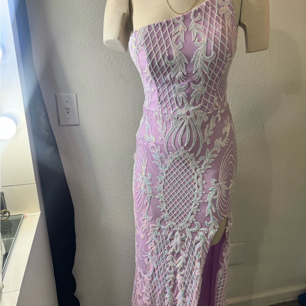 City Triangles One-Shoulder Lavender Evening Gown with Silver Beading